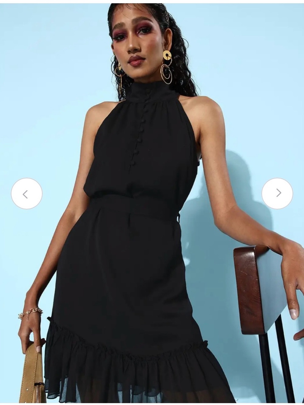 Halogen Black High-Neck Ruffle-Hem Mini Dress